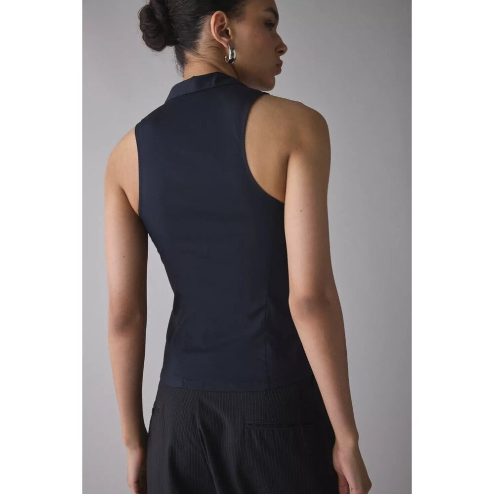 UO Party Girl Cotton-Blend Button Down Sleeveless Shirt Women's Small Jet Black - Picture 12 of 16